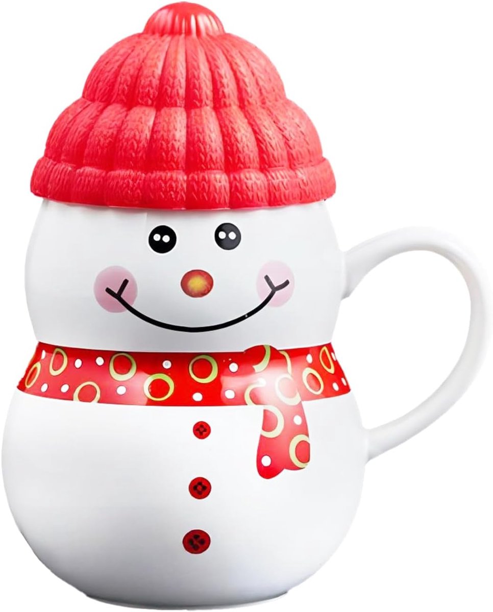 Coffee mug - snowman ceramic tea cup - soft plastic lid - 400ml - rood