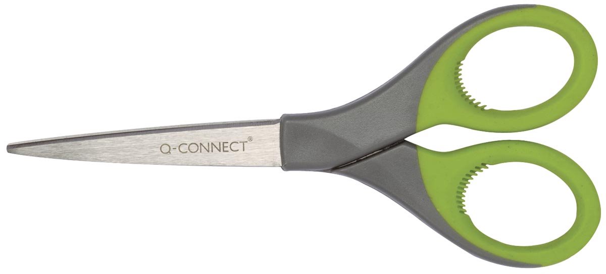 Q-CONNECT schaar Premium, ft 17 cm, rechts en links, scherpe punt, RVS, grijs/groen, blister van 1 stuk