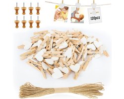 Mini-wasknijpers - decoratie - polaroid - bruiloft - houten knijpers - doe-het-zelf - fotowand - display - feest - wit - 120 stuks met hartjes design, inclusief 10 m jute koord voor foto's.