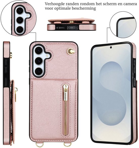 Geschikt voor Samsung Galaxy S25 FE Hoesje Met Koord - Solidenz S25 FE Wallet Case Cover - Telefoonhoes - Backcover Met Koordje - Cord Case - Lanyard - Hoesje S25 FE - Roségoud