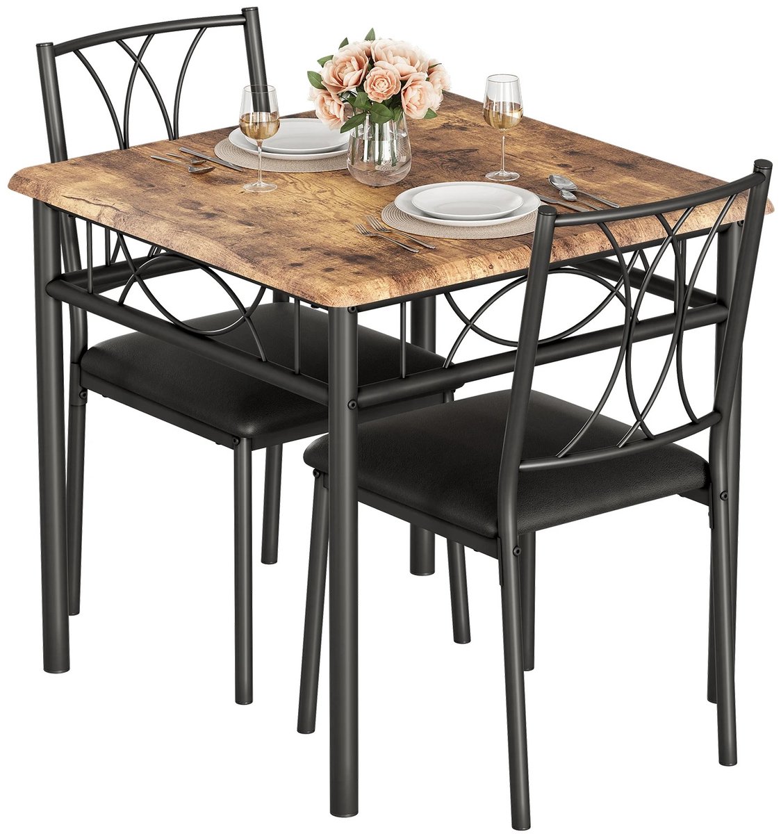 Mila Shop Eettafel set voor 2 personen - Ideaal voor kleine ruimtes - vierkante eetkamer tafel - Metaal - Hout - Bruin/Zwart