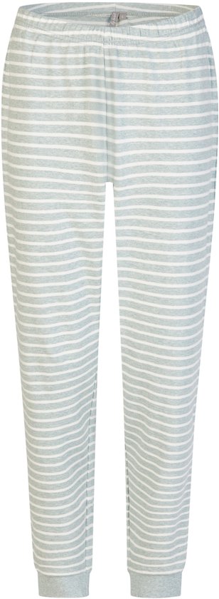 Lichtgroene pyjamabroek met witte strepen en een trekkoord in de taille.