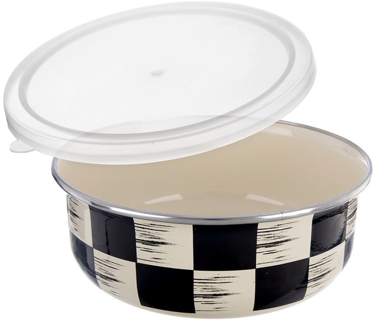 Geëmailleerde kom met deksel, schaakbordpatroon, 17 cm, 1 l