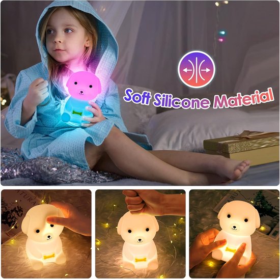 Nachtlampje Kinderen, Oplaadbare Hond Nachtlamp met Kleur Tikfunctie en 5 Lichtstanden, USB C Siliconen Baby Nachtlamp, Draadloze Portable Nachtlamp voor Kinderkamer en Babykamer van Merkloos — afbeelding 4