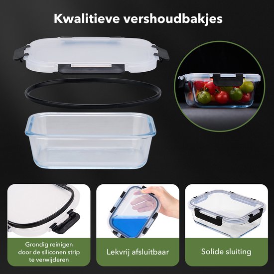 BARDI 5 Delige Glazen Meal Prep Bakjes Inclusief 10 Stuks Wonderspons - Glazen Vershoudbakjes - Glazen Opbergbakken - Diepvriesbakken - Luchtdicht - BPA Vrij - 1060ML - Glas - Zwarte Clips van Merkloos — afbeelding 4