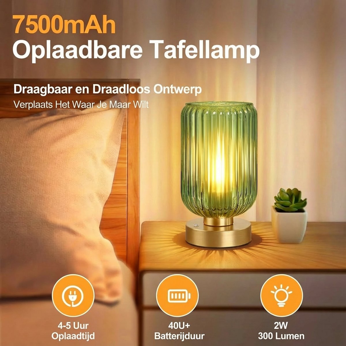 MUPOO Set van 2 Draadloze Tafellamp Modern met touch - Oplaadbare 7500 mAh - met Dimfunctie - Gouden voet en Groene Glazen Kap voor woonkamer - E27-fitting - Vintage Bedlampje — cadeau in Wonen & Interieur - foto 4