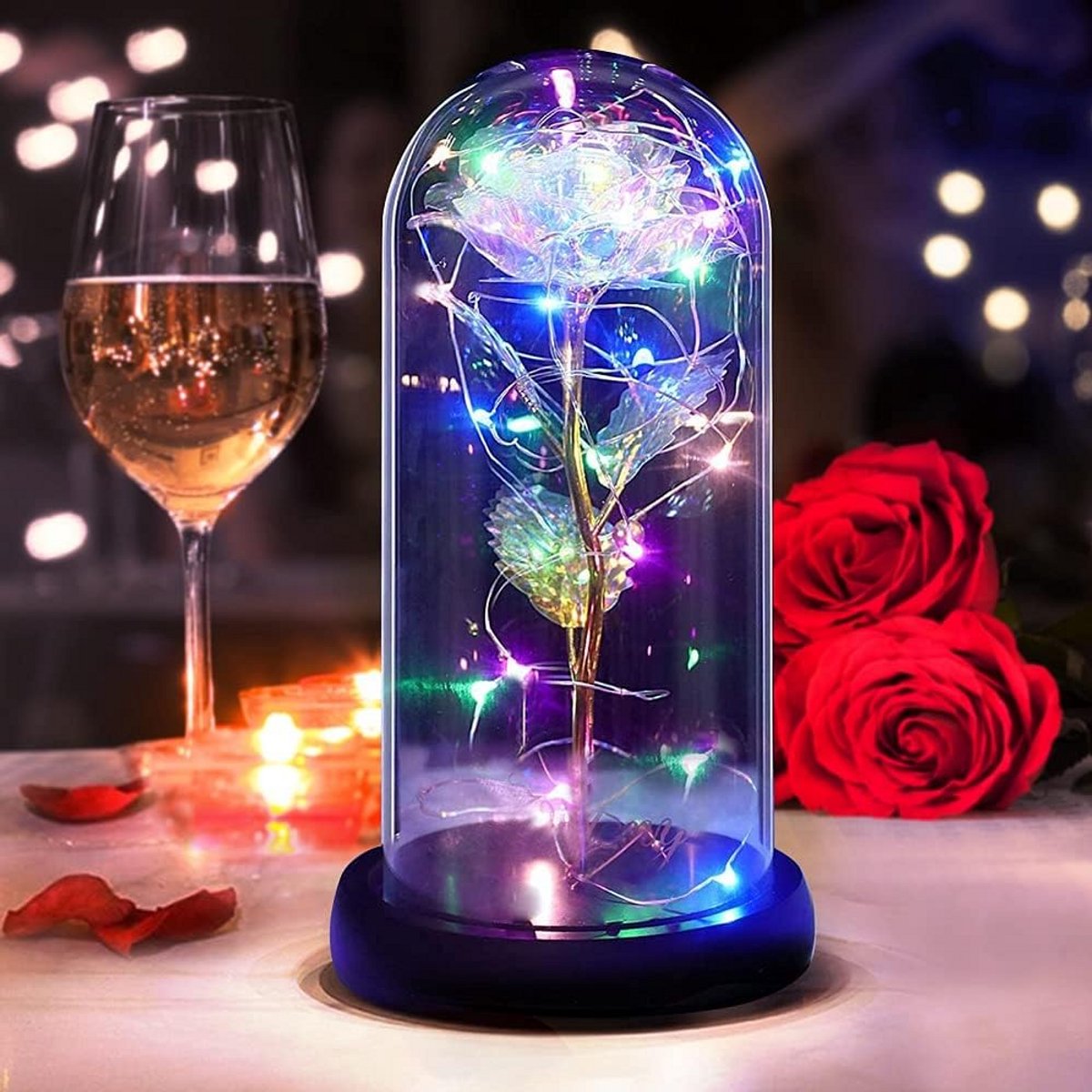 Eeuwige roos in glas met ledlicht - romantisch cadeau voor vrouw, vriendin of leraren