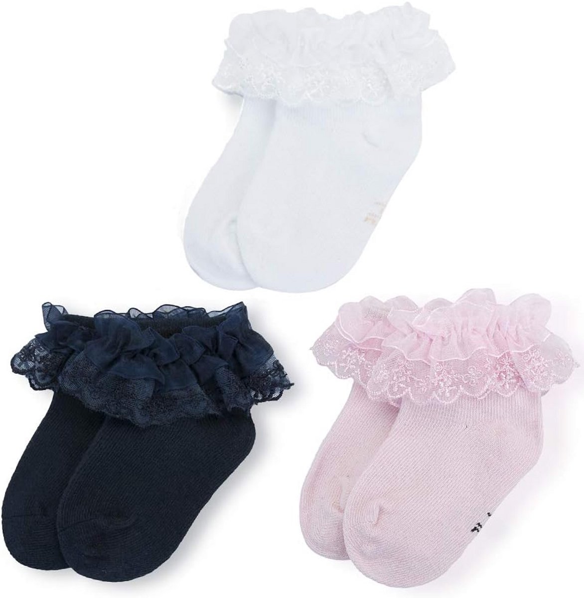 3 Paar Katoenen Sokken voor Babymeisjes - Doopsokjes met Ruches en Kant in Wit, Roze en Marineblauw (0-6 maanden)