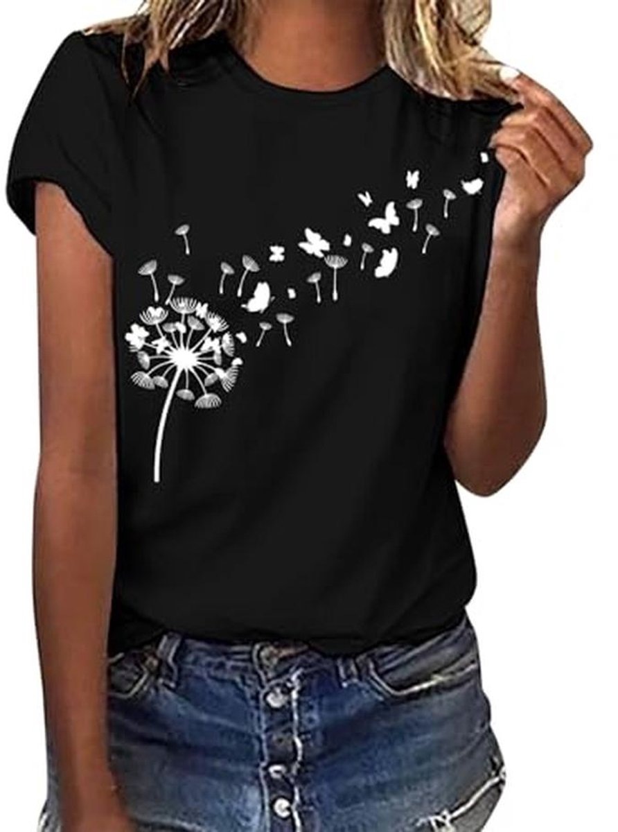 Dames T-shirt Korte Mouwen Zwart Casual Met Grafische Print