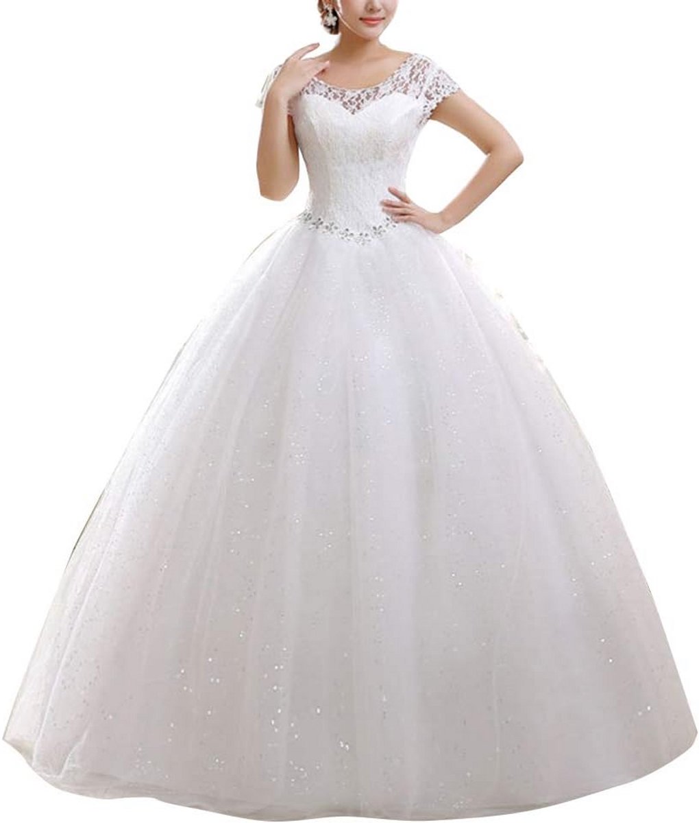 Dames trouwjurk met ronde hals en korte mouwen - elegante avondjurk