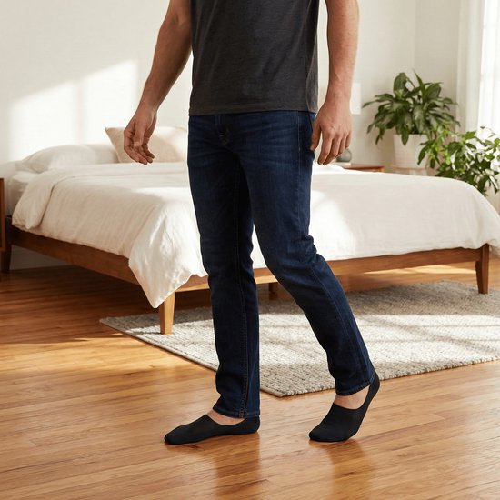 Man in donkere jeans en donkergrijs T-shirt draagt zwarte onzichtbare sokken.