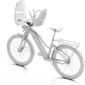 Witte elektrische fiets met kinderzitje en windscherm vooraan, en bagagedrager achteraan.