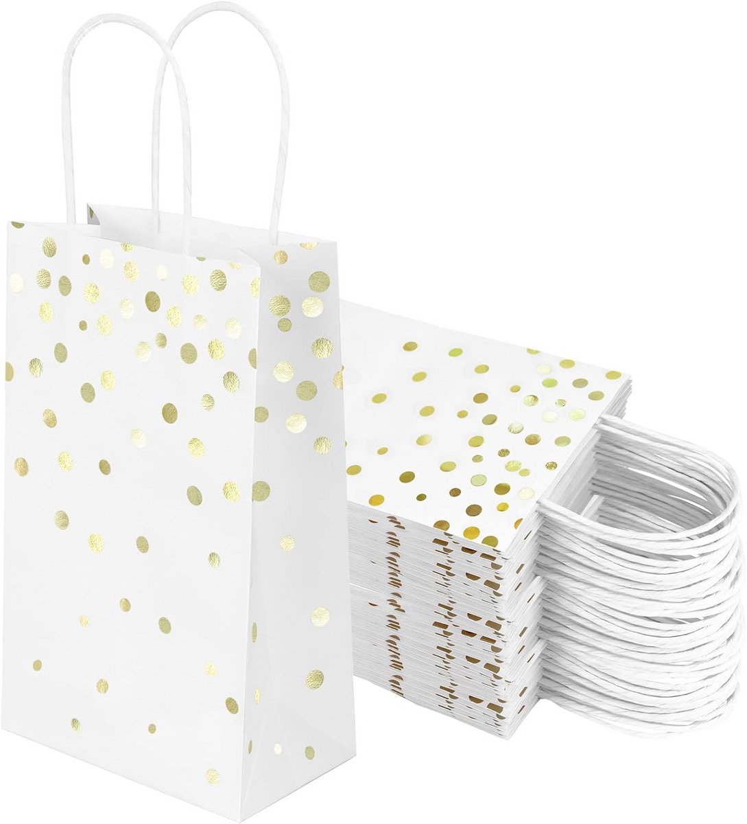 Kleine papieren geschenkzakken met handgrepen - 24 witte zakken met goudfolie - Boodschappentassen voor feest en cadeau