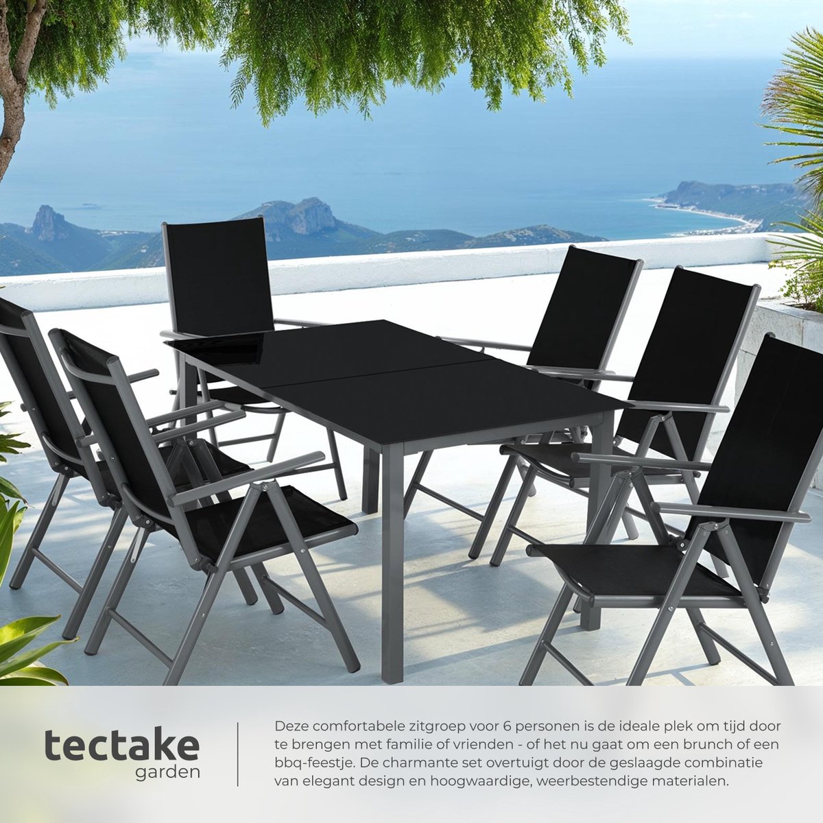 tectake® Tuinset - Tuintafel met Tuinstoelen - 6 Stoelen en 1 Tuintafel met Glazen Blad - Weerbestendige Tuinmeubelset voor het balkon of tuin - 6 Personen - Antraciet – foto 6