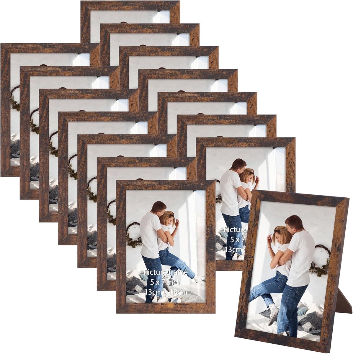 Stunq® Set van 15 fotolijsten 13 x 18 cm, bruine fotolijst met houtnerf, fotolijstcollage voor 18 x 13 foto's en afbeeldingen, wand- of tafelstandaard