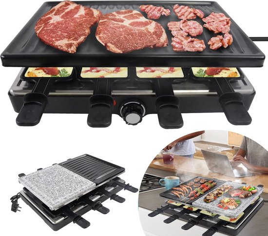 SUNTEC Raclette Grill RAC-8212 Evolution - Tafelgrill Voor 8 Personen Incl 8 Pannen 8 Spatels 1 Dubbelzijdige Grillplaat 1 Stenen Plaat 1400