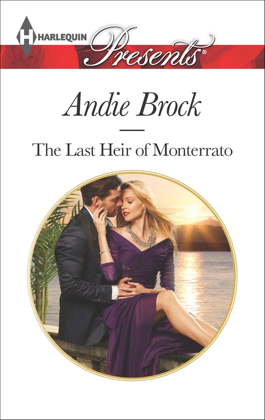Een man in een donker pak omhelst een vrouw in een paarse jurk. De titel 'The Last Heir of Monterrato' en 'Andie Brock' staan bovenaan.