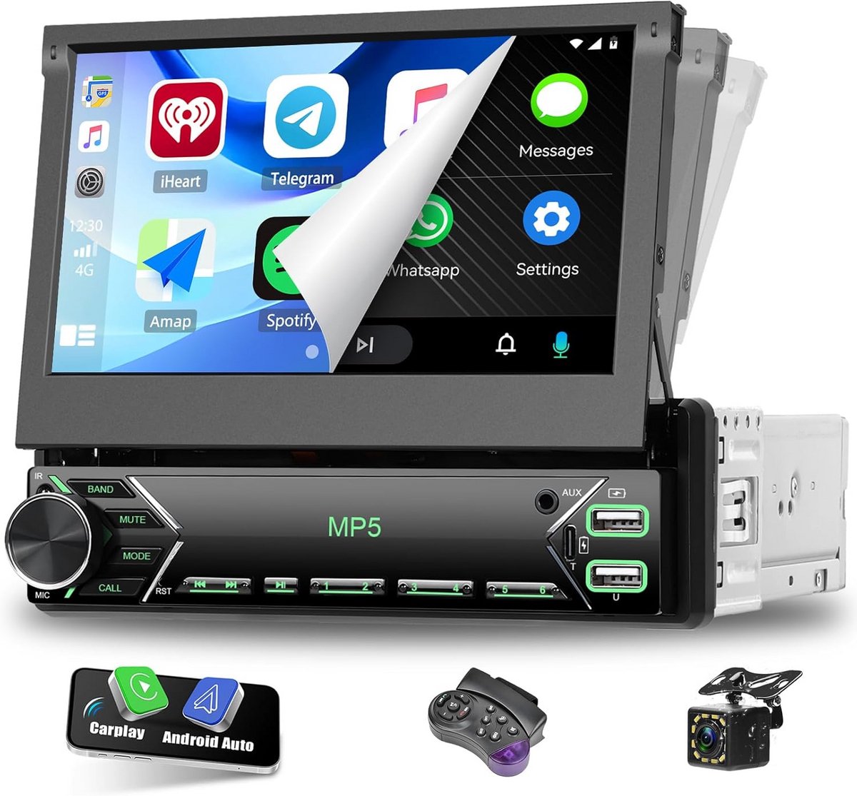 1 Din Auto Radio 7 Inch Uitklapbaar Scherm met Draadloze CarPlay & Android Auto, Inclusief Achteruitrijcamera