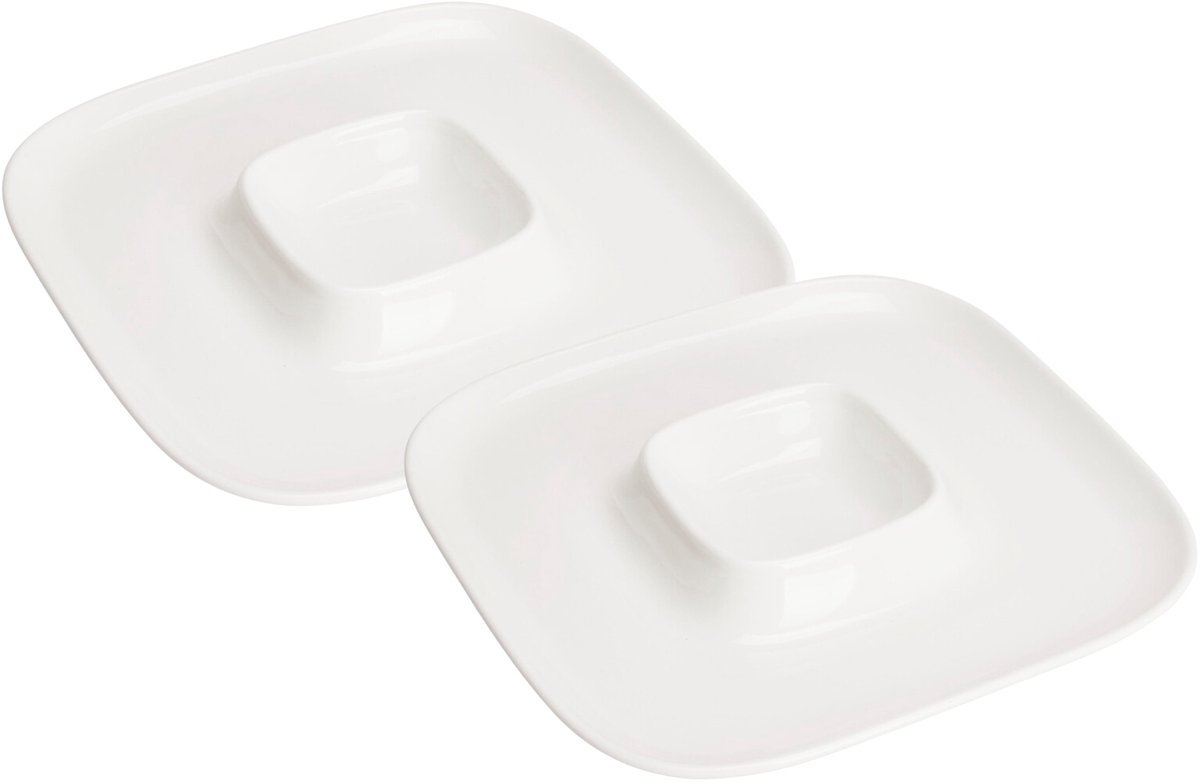 Excellent Houseware Hapjes / Tapas serveerschaal - 2x - poselein - wit - 26 cm - met 2 vakken - rond
