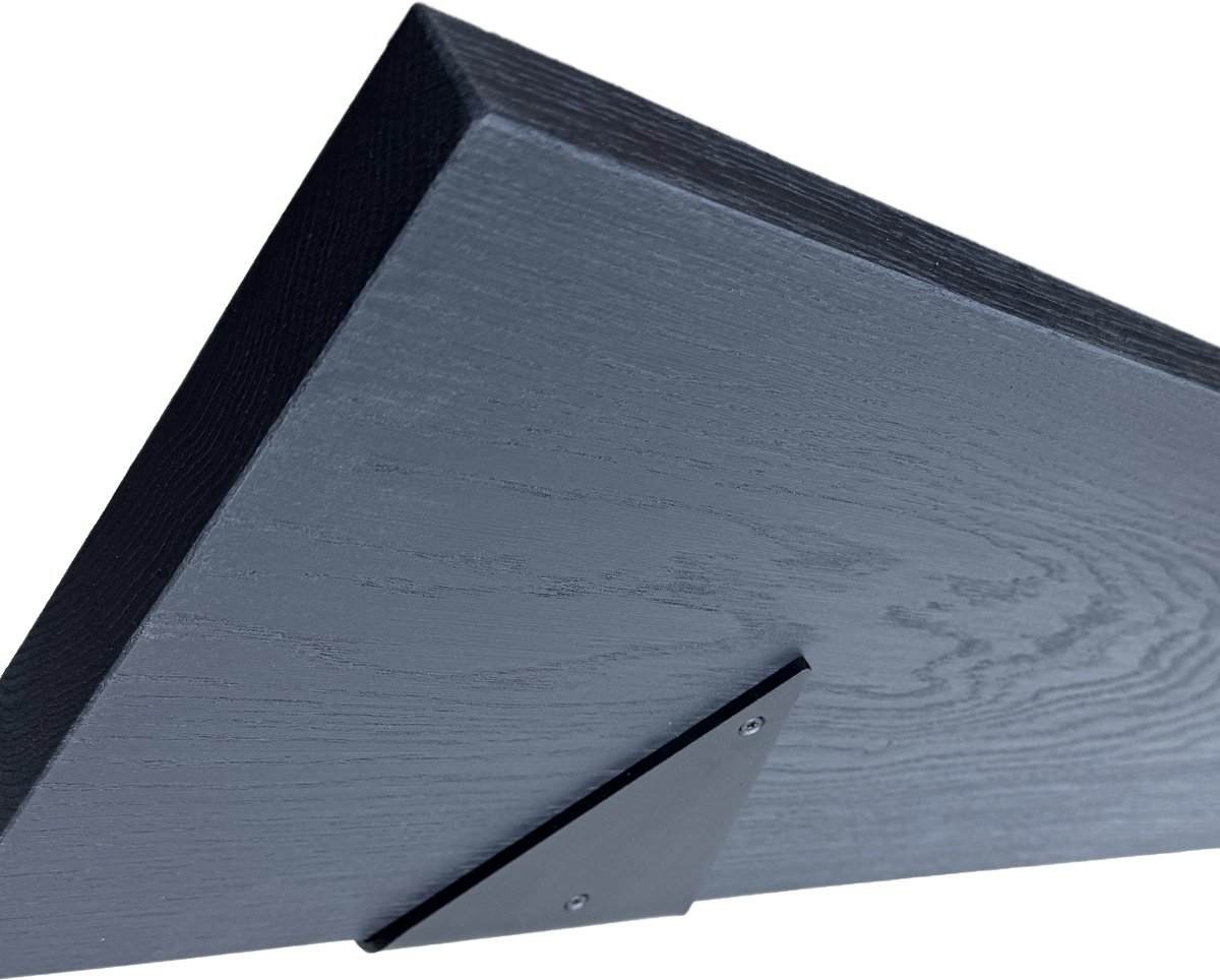 GoudmetHout Wandplank Industrieel - 100 x 25 cm Muurplank - Zwart Eiken Hout - Decoratie Wandrek & Boekenrek - Hangplank Keuken - Wall Shelf + 2 Driehoekvormige Mat Zwarte Plankdragers van Staal Zwart eiken, mat zwart