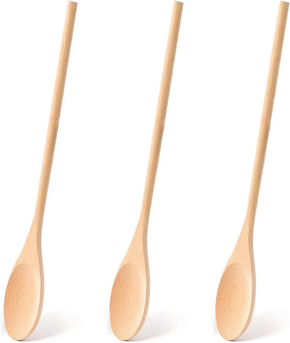 Set van 3 Houten Kooklepels met Lang Handvat - 30 cm Ovale Lepels voor Koken en Proeven