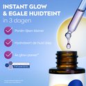 Pipet met druppel NIVEA Luminous630 Serum boven flesje, met checklist en de tekst 'Instant Glow & Egale huidteint in 3 dagen'.