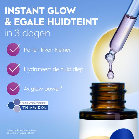 Pipet met druppel NIVEA Luminous630 Serum boven flesje, met checklist en de tekst 'Instant Glow & Egale huidteint in 3 dagen'.