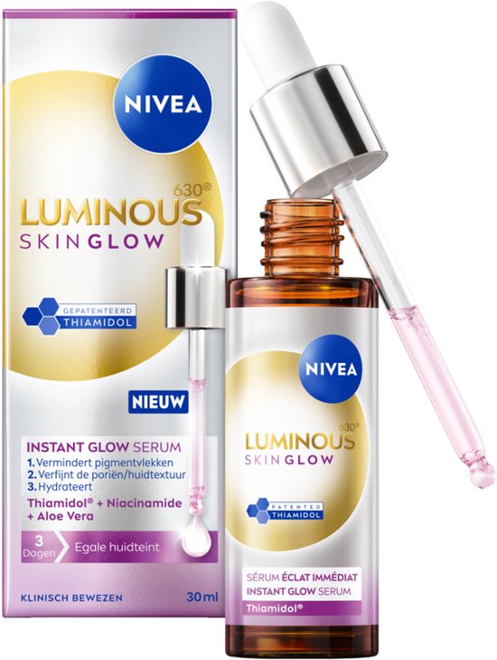 NIVEA Luminous630 Skin Glow serum met dropper. De verpakking en fles zijn wit met gouden accenten. 'Nieuw' staat op de doos.