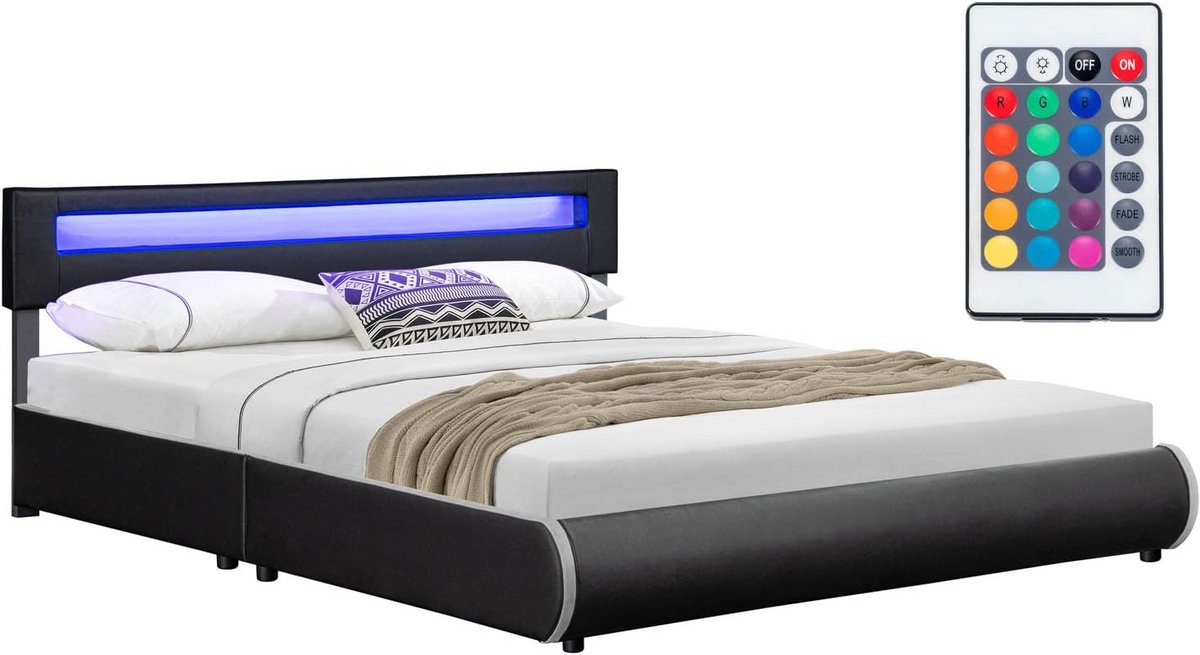 Tweepersoons Gestoffeerd Bed 180x200 cm Zwart Kunstleer met LED Verlichting en Lattenbodem