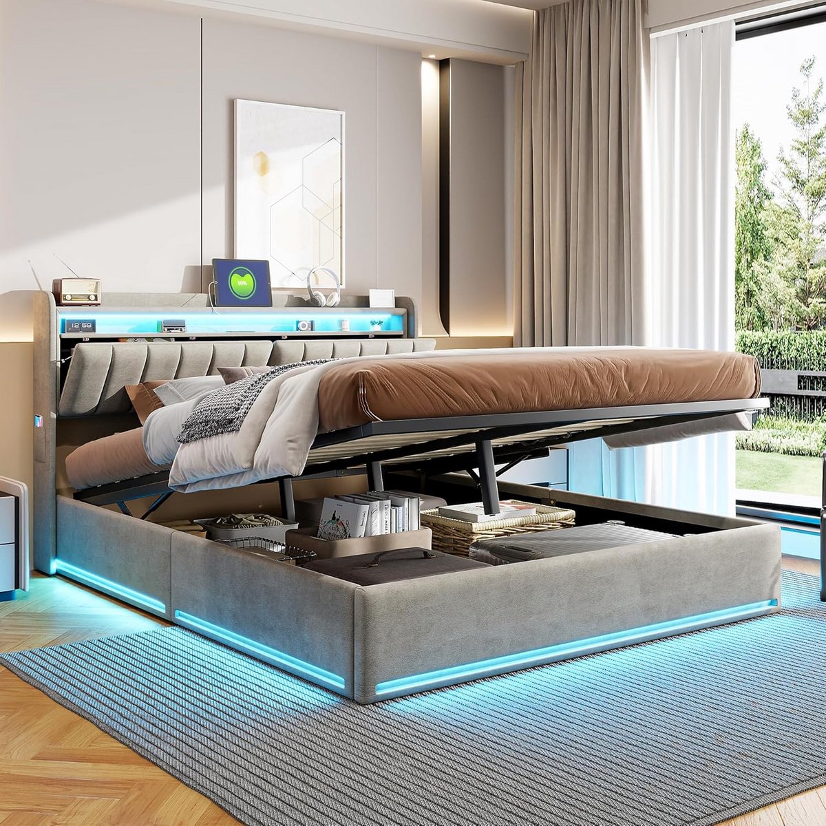 Tweepersoonsbed 160x200 cm met Opbergruimte, Hoofdeinde en Ledverlichting