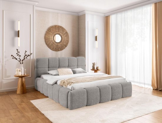 TIMORWTF Bed van 140 x 200 cm, met led en USB, tweepersoonsbed met opbergruimte en hoofdeinde, gestoffeerd bed met lattenbodem, tweepersoonsbed, bedframe 140 x 200, fluweel, beige (zonder matras