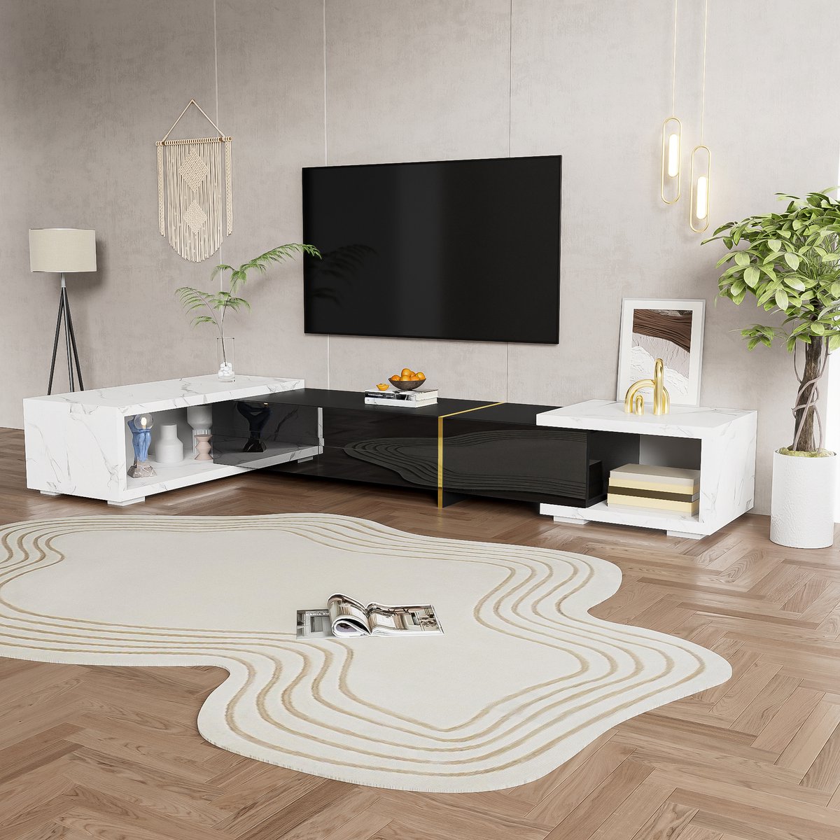 Wishdor - Tv-Meubel - Verstelbare Lengte 140-260 Cm - Draaibaar - Marmerlook Wit - Zwarte 