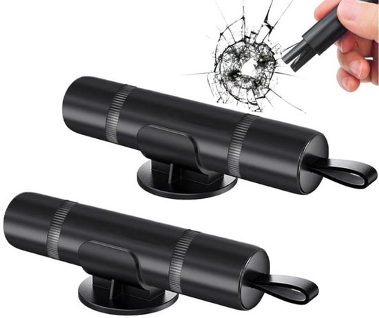 Brise-vitre - Coupeur de ceinture - 2 pièces Marteau de sécurité Zwart - 2 en 1 Safety Hammer & Coupeur de ceinture - Sortie de secours portable pour la voiture - Incluant verre Test et support adhésif - Coupeur de ceinture - En sécurité sur la route