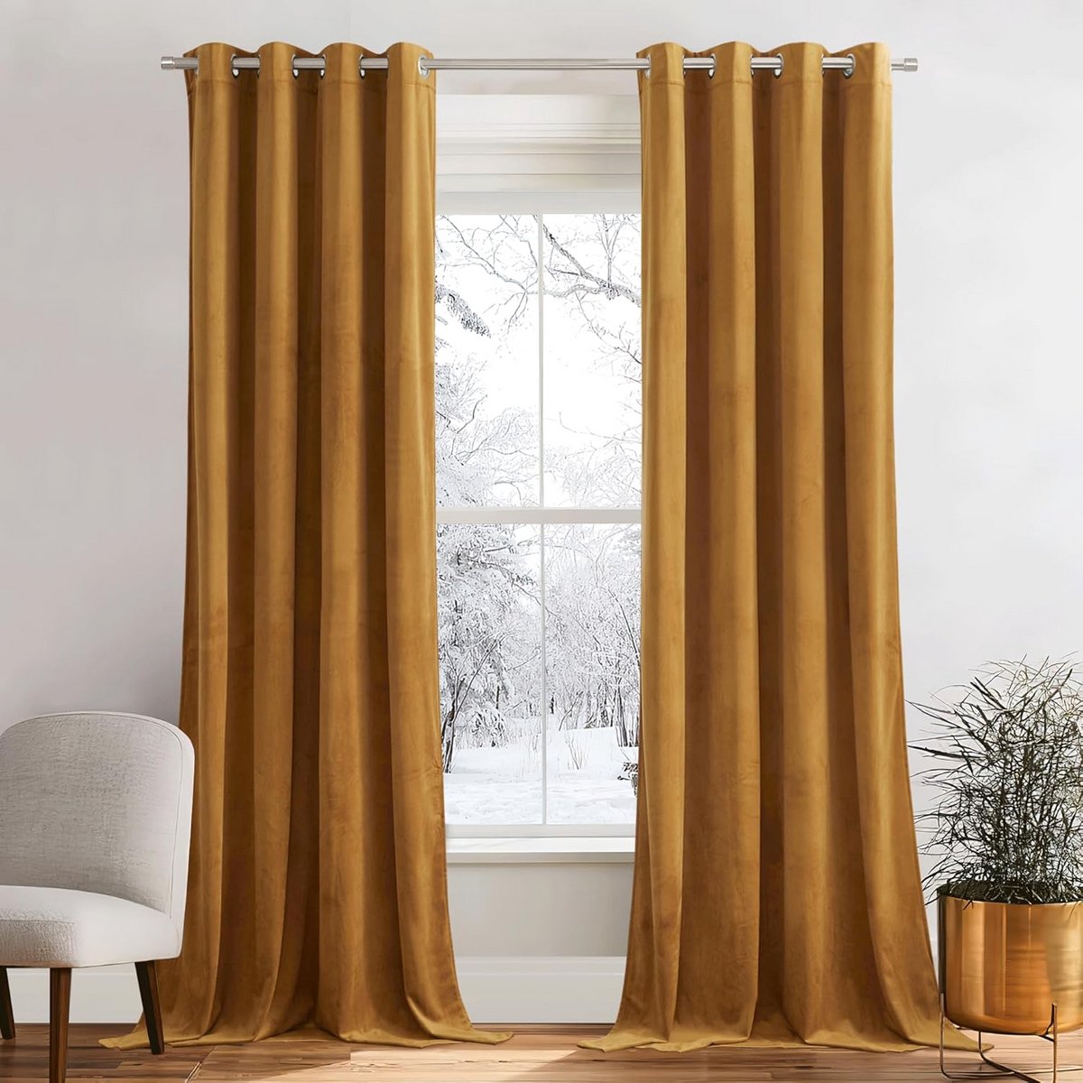 Verduisterende Velours Gordijnen Kant en Klaar - 2 Delige Set voor Woonkamer en Slaapkamer - 132x220 cm - Goudbruin
