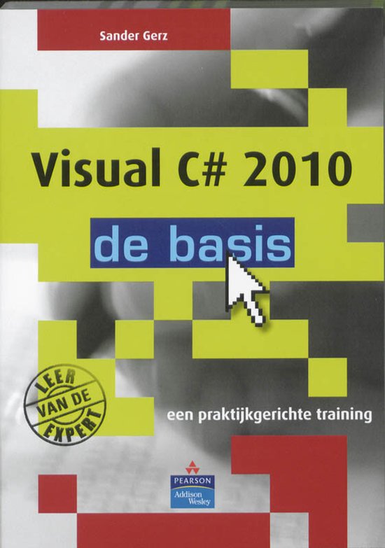 Boekomslag "Visual C# 2010 de basis" met gele, rode en grijze blokken. Een muiscursor wijst naar de titel.