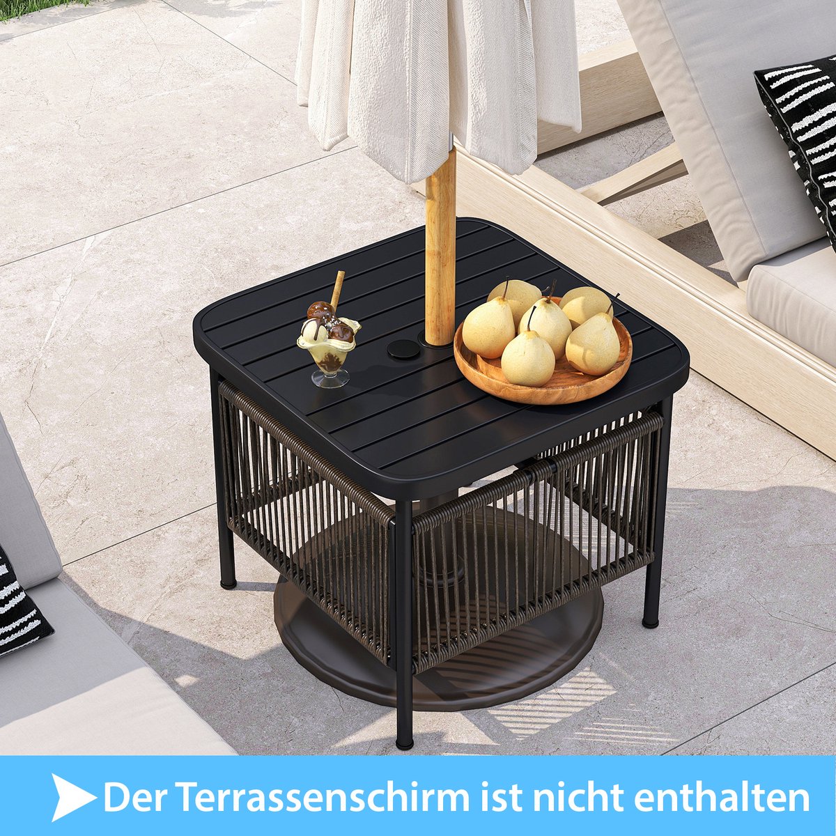COSTWAY Bijzettafel voor buiten, weerbestendig, rotan tuintafel met paraplugat, kleine balkontafel, koffietafel voor tuin, balkon, terras, 56 x 56 x 49 cm thumbnail 6