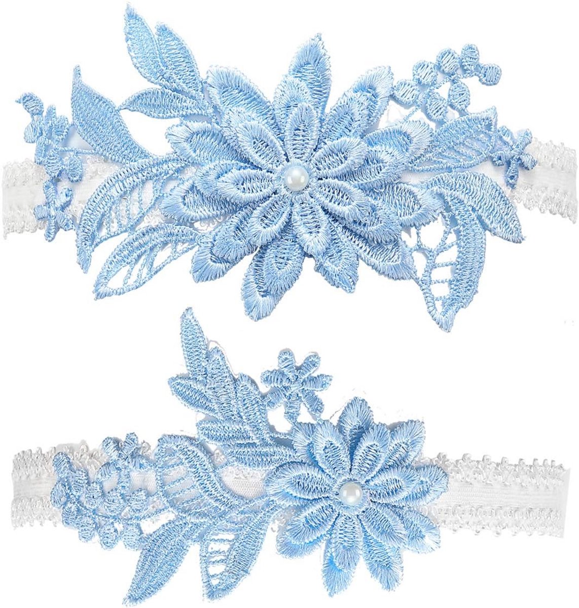 Stretchy Kanten Kousenband Set voor Bruid - Blauw en Wit Bloemendetail
