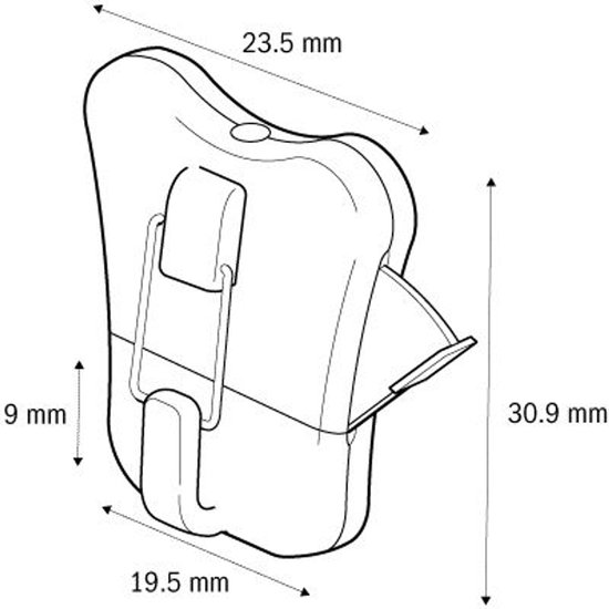 Illustratie van een zilverkleurige schilderijhaak met afmetingen: 23,5 mm breed, 30,9 mm hoog, 19,5 mm diep.