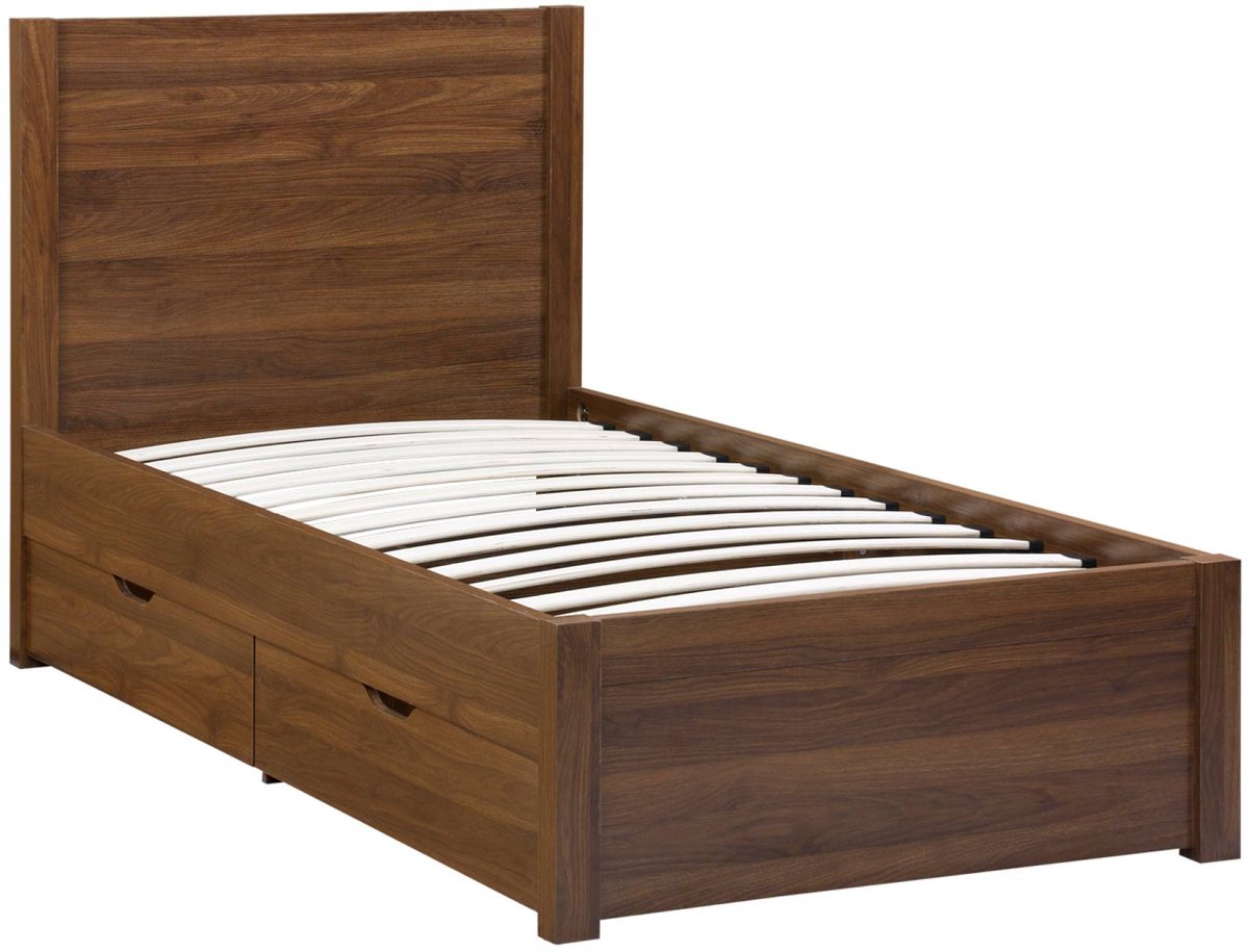 sweeek Eenpersoonsbed 90x190cm met lattenbodem en hoofdbord + 4 lades houtdecor - nepal Walnoot