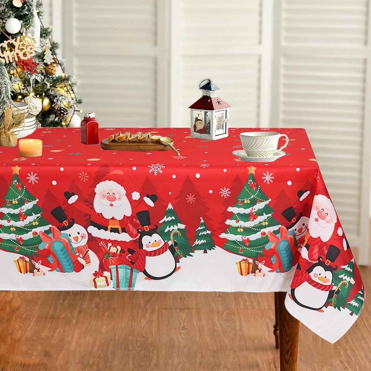 Ronde Kerst Tafelkleed 180x140cm Rood met Kerstman Sneeuwpop en Hulst Decoratie