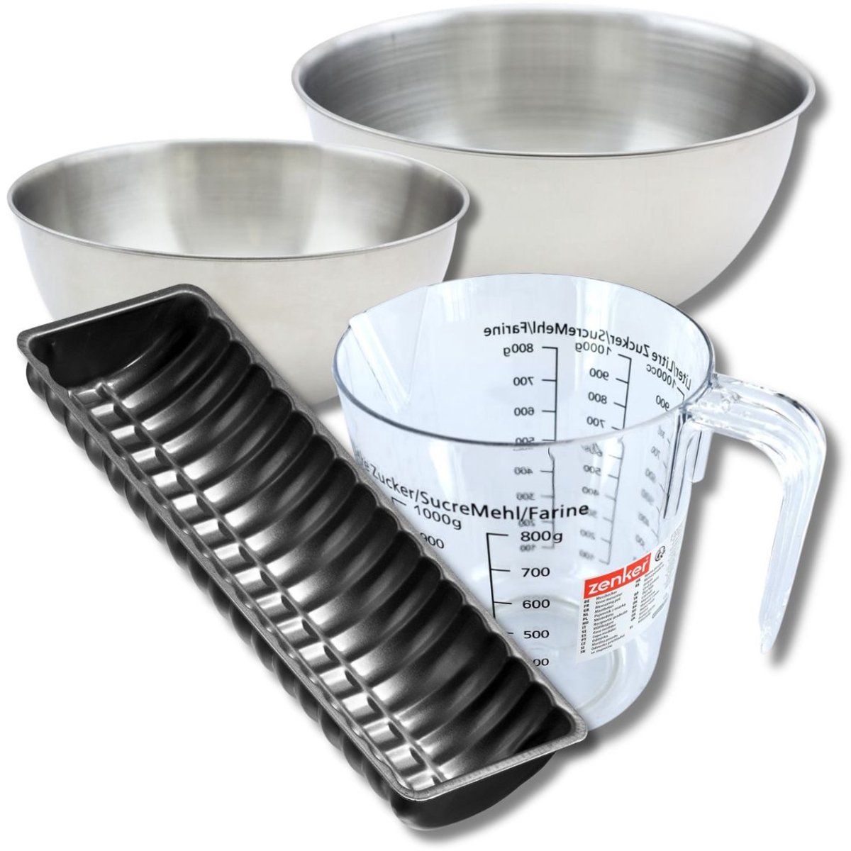 Bakset met kerststronkvorm van 32 cm, 2 mengkommen, maatbeker en spatel Zenker
