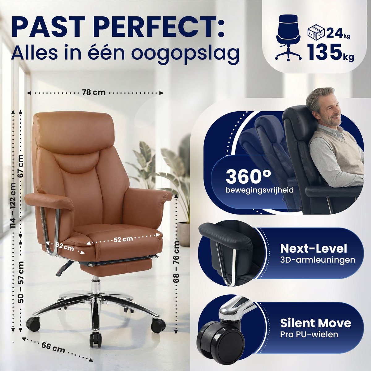 CLP Dahra Ergonomische Bureaustoel met Voetensteun - Bruin - afbeelding 2