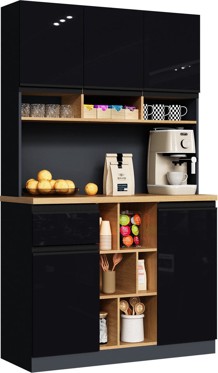 Buffetkast - 105x45x185 cm - Moderne Keukenkast met Lades - Open Vakken - Zwart