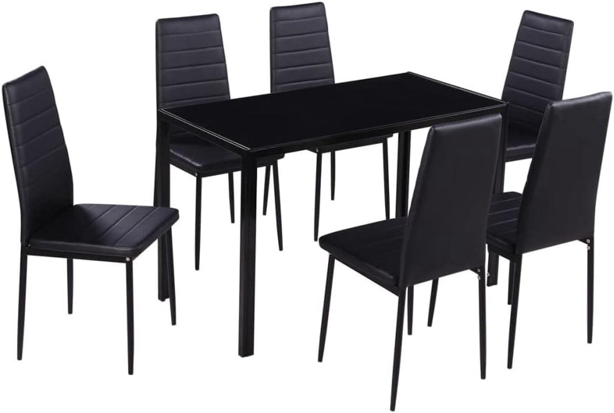 Black 7-Delige Eethoek - Tafel + 6 Stoelen - Gehard Glas - Kunstleder - Zwarte Afwerking -