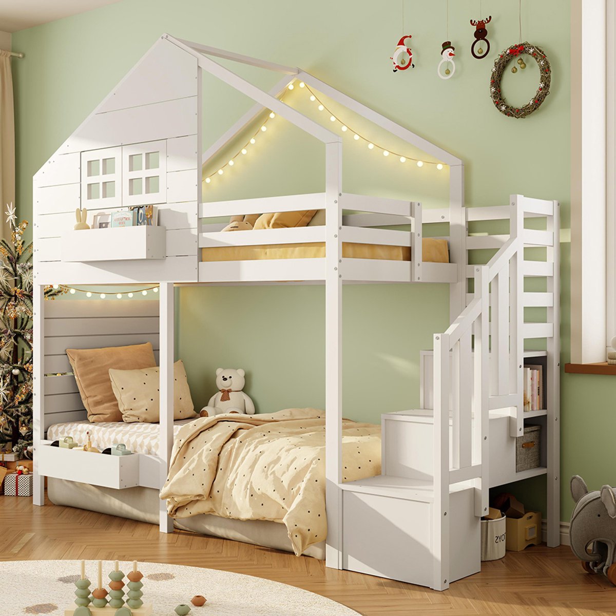 BLACKCOLORS Stapelbed, hoogslaper, kinderbed 90 x 200 cm met veiligheidshek en opbergtrap, tienerbed, met raam, massief hout, wit