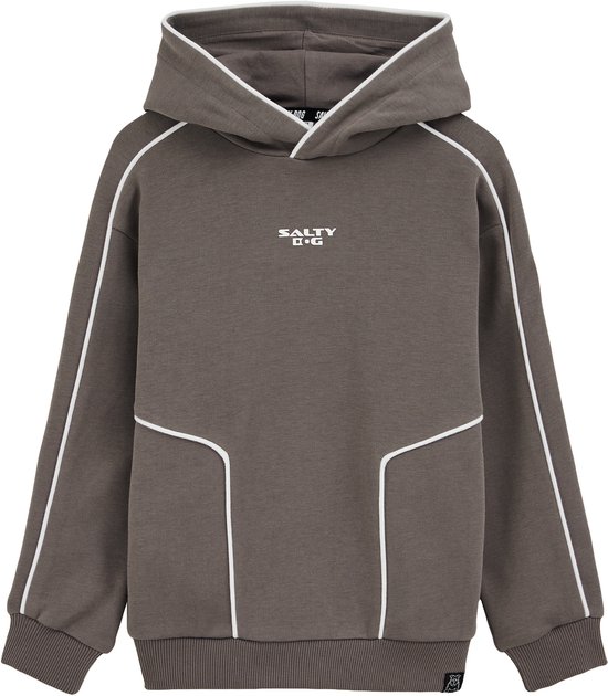 Grijze hoodie met witte biezen en 'SALTY DOG' opdruk.