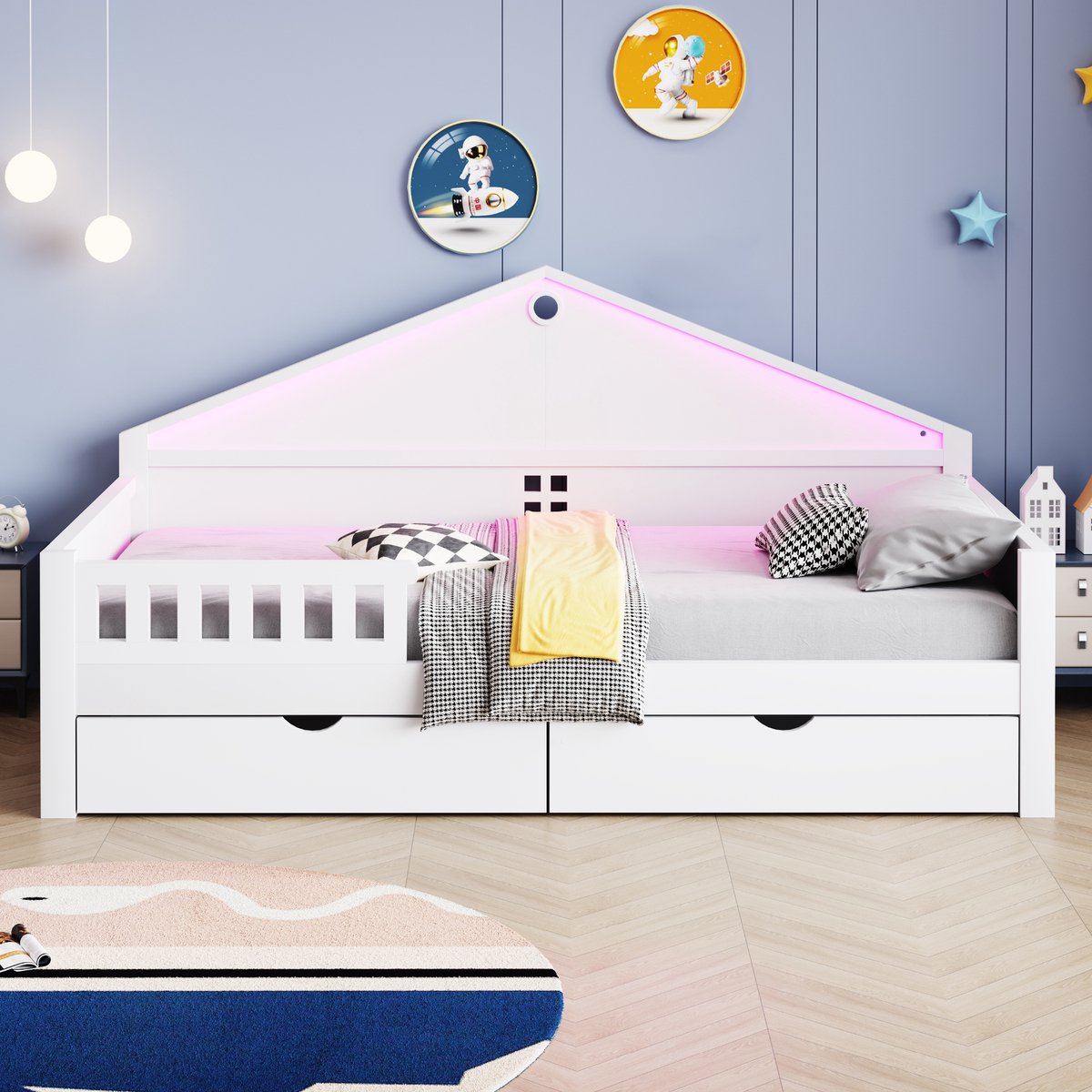 OKWISH Bed 90x200 cm - LED-licht Bedienbaar Met Smartphone - Met Lattenbodem - Met 2 Laden - Jeugdkamer - Hout;MDF - Wit - Zonder matras