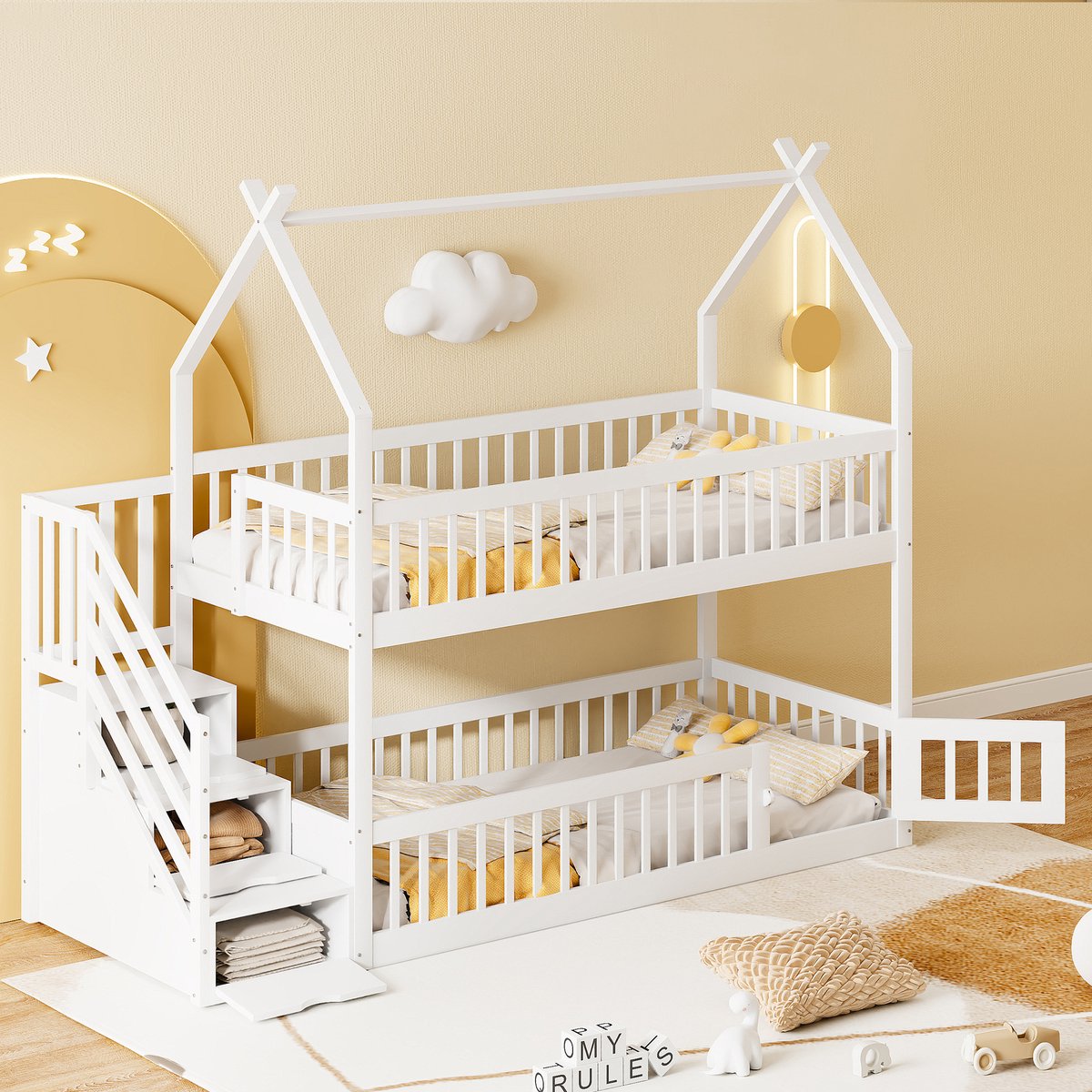 OKWISH Kinder Stapelbed 90x200 cm - Veilige Trap Met Opberglades - Huisdak Speelbed - Massief Grenenhout - Wit - Zonder matras