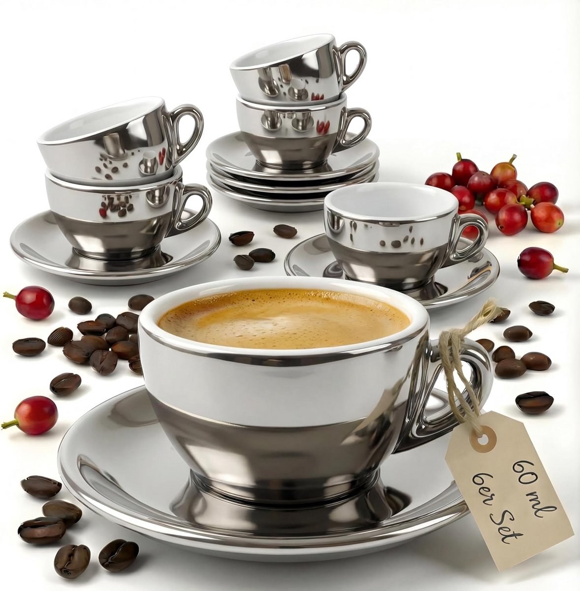 Set van 6 Zilveren Espresso Kopjes met Schotels, 60 ml, Italiaanse Stijl