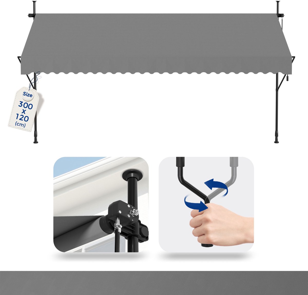 Aufun Klemluifel, Intrekbaar, Handmatig,Balkonluifel, Zonder Boren, Zonwering, Van Polyester, Uv-Bestendig En In Hoogte Verstelbaar, 300X 120 cm Lichtgrijs